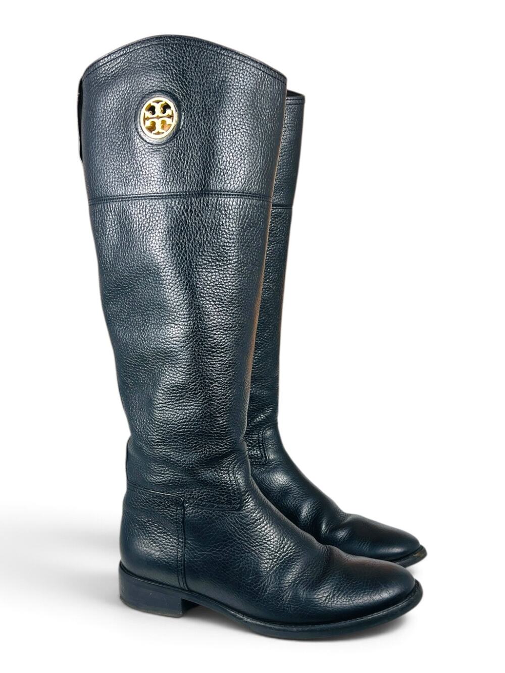 Tory Burch Junction Black Pebbled Leather Riding Boots Gold Medallion Size 6.5